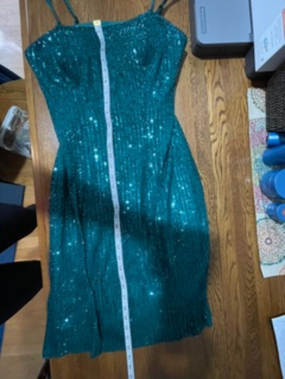 Teal/Green mini dress, spaghetti straps, 100% embellished with sparkle size 6